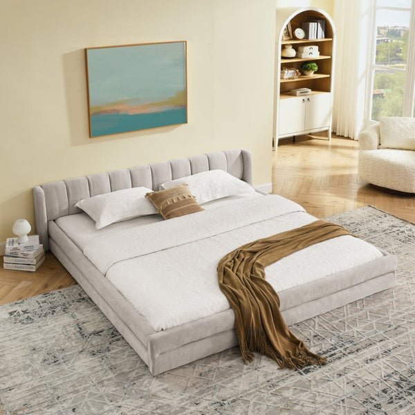 English Elm King Platform Bed Full Chenille Upholstery Low Profile Frame for Modern Bedroom Beige W487S00433