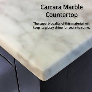 English Elm Navy Blue Bath Vanity With Right Offset Carrara Marble Top & Matching Mirror For Elegant Storage B2731S00692