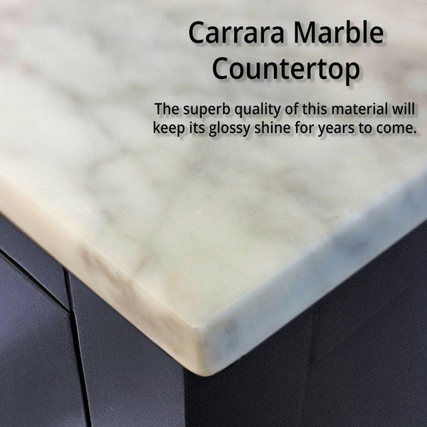 English Elm Navy Blue Bath Vanity With Right Offset Carrara Marble Top & Matching Mirror For Elegant Storage B2731S00692