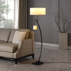 English Elm 59" Contemporary Dual Arc Floor Lamp with Hanging Pendant & Drum Shades, 3-Way Rotary Lighting Control Matte Black B072P222447