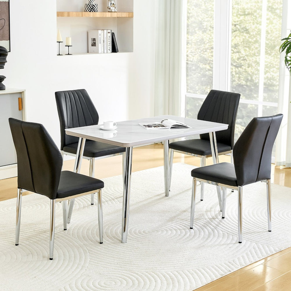 English Elm Table and Chair Set Marble Glass Top with Silver Legs Four Seat Dining Vignette W1151S04640