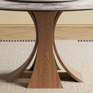 English Elm 59-Inch Modern Sintered Stone Dining Table With 35-Inch Turntable, Seats 6-8, Walnut Base Elegance! W509S00130