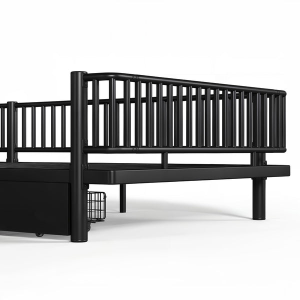 English Elm Queen Storage Platform Bed Low Profile Metal Frame with Built-in Drawers for Small Spaces Black W5305P471352
