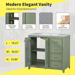 English Elm 36-inch ceramic basin vanity with patterned glass doors, gold round handles & ample storage drawers Green N729P184710F