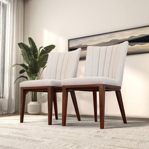 English Elm Elmwood Mid-century Cream Velvet Upholstered Dining Chairs Set of 2 Tapered Legs B183P232094
