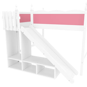 English Elm Queen Loft Bed With Fun Slide, Storage Shelves, Solid Wood Construction, Pink & White Finish, Easy Assemble W1580S00248-GIGA