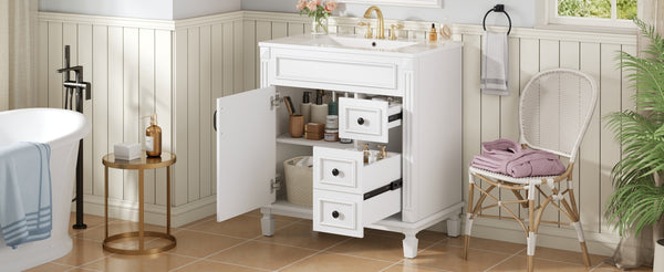 English Elm 30" French-Inspired Bathroom Vanity With Ceramic Sink, 2 Soft-Close Drawers & Adjustable Shelf Storage N710P323323K