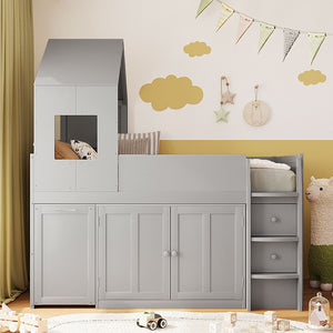 English Elm Twin House Loft Bed with Pull Out Rolling Desk Stair Drawers and Cabinet Storage Gray N820S00072E