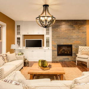 English Elm 19" Farmhouse 5-Light Wood Chandelier, Height Adjustable Pendant or Flush Mount, Rustic Brown Elegance W2738P185399