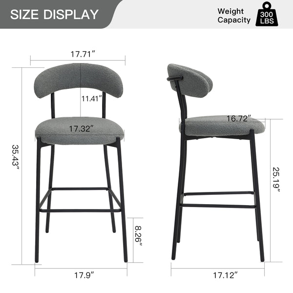 English Elm 26'' Modern Counter-Height Bar Stools In Grey Teddy Fabric With Sturdy Black Base & Footrest W2215P196283