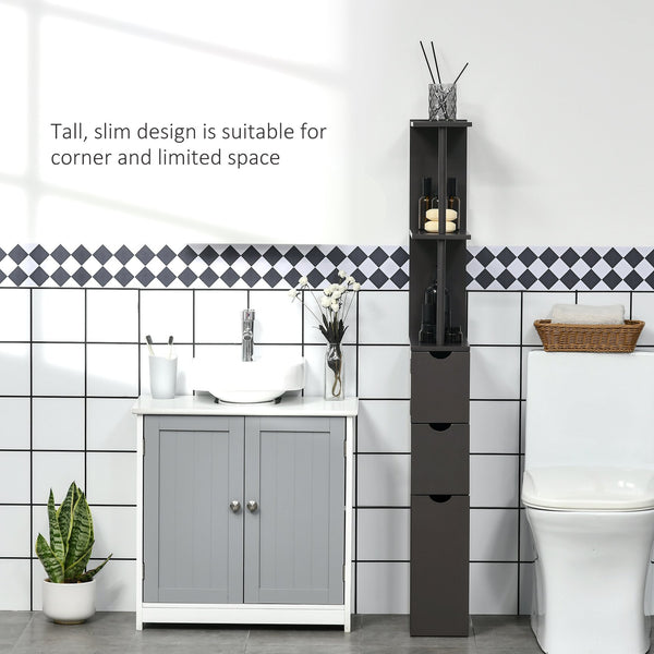 English Elm HOMCOM 54" Tall Bathroom Storage Cabinet - Slim Freestanding Linen Tower with Shelves, Drawers, Brown W2225P217007