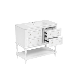 English Elm 36" Bathroom Vanity with Sink Combo, 36" Ceramic Undermount Basin, Solid Wood Frame, 4 Drawers, Waterproof Painted Finish White N710P250654K