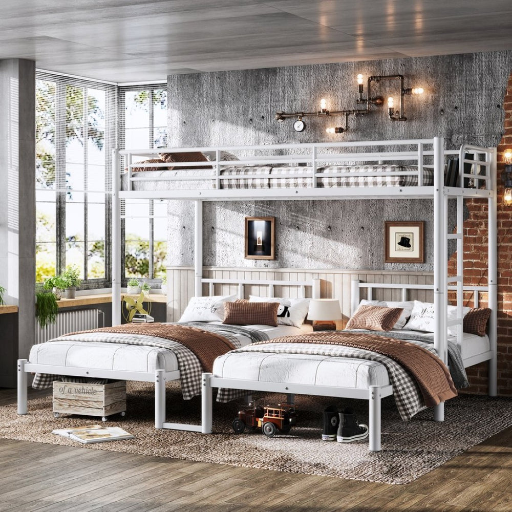 English Elm Twin Triple Bunk Bed Metal L-shaped Frame Sleeps Three Kids White Finish White W1580S00616
