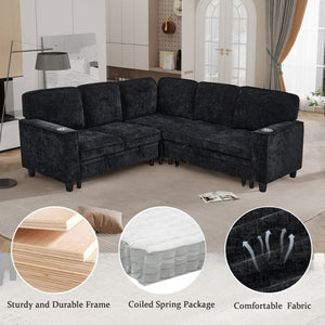 English Elm L-shaped Chenille Sectional Sleeper Sofa with Storage and Usb Charging Ports Charcoal Grey W1998S00088