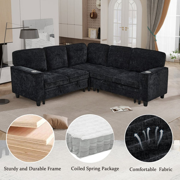 English Elm L-shaped Chenille Sectional Sleeper Sofa with Storage and Usb Charging Ports Charcoal Grey W1998S00088
