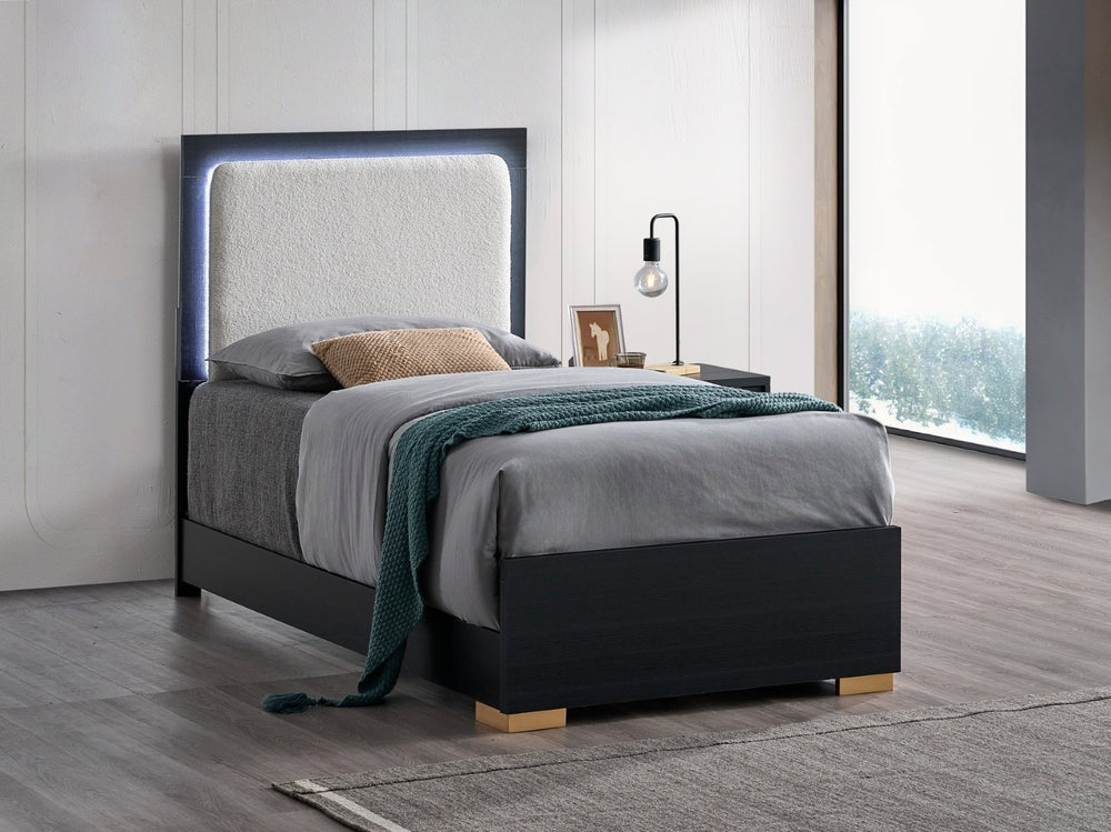 English Elm Steeler Twin Bed Led Backlit Upholstered Headboard Black Frame Gold Accent Feet B078S00701