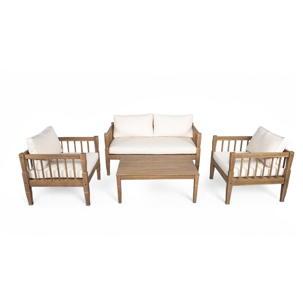 English Elm 4-piece Outdoor Acacia Wood Conversation Set with Deep Seating Cushions for Patio SD100002AAE