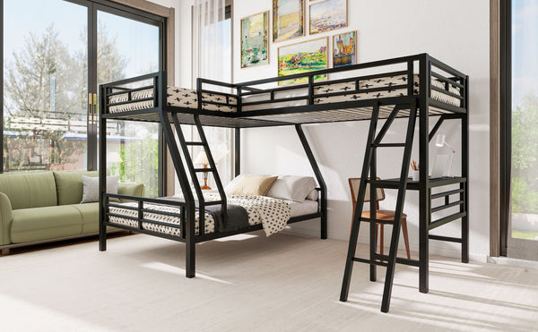 English Elm Twin Triple Bunk Bed with Loft, Desk & Shelf — Metal Black L-Shaped Sleep/Study Space, No Box SpringNeeded SM000606AAB