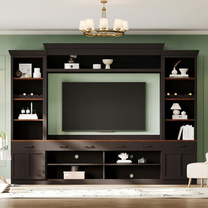 English Elm Farmhouse Mid-century Entertainment Center Walnut Black with Wine Rack for Living Room Black + Dark Walnut N721S000046B-1