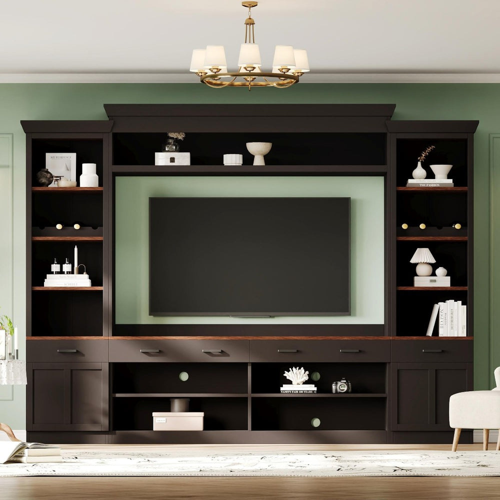 English Elm Farmhouse Mid-century Entertainment Center Walnut Black with Wine Rack for Living Room N721S000046B-2