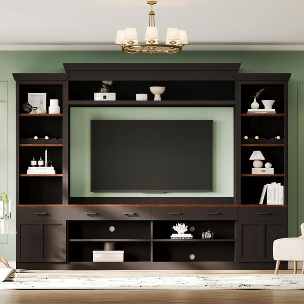 English Elm Farmhouse Mid-century Entertainment Center Walnut Black with Wine Rack for Living Room N721S000046B-2