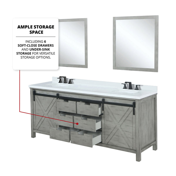 English Elm Ash Grey Double Bath Vanity 84" W x 22" D with White Quartz Top, Matte Black Faucets & 34" Mirrors B2731S01082