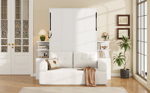 English Elm Full Size Murphy Bed System with Integrated Sofa and Storage Towers for Guest Rooms White LP000380AAK