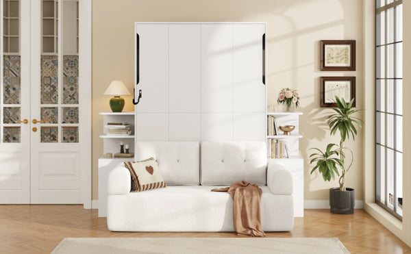English Elm Full Size Murphy Bed System with Integrated Sofa and Storage Towers for Guest Rooms White LP000380AAK