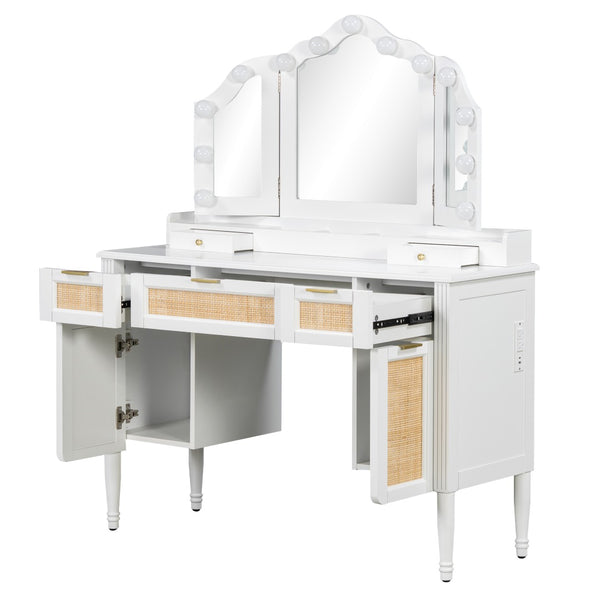 English Elm 44.37 Inch Hollywood Led Vanity Desk Tri-fold Mirror Bamboo Drawers Bedroom White N704P342558K