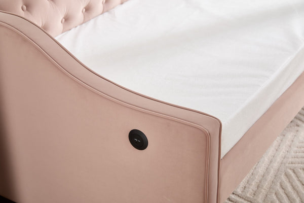 English Elm Twin Velvet Daybed with Pull Out Trundle Tufted Back Usb Port and Side Pockets Pink W1361S00037