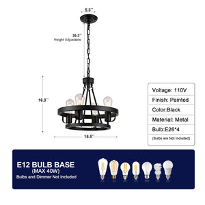 English Elm Four-light Wagon Wheel Pendant Matte Black Metal Industrial Plug-in Dining Fixture W2991P407027