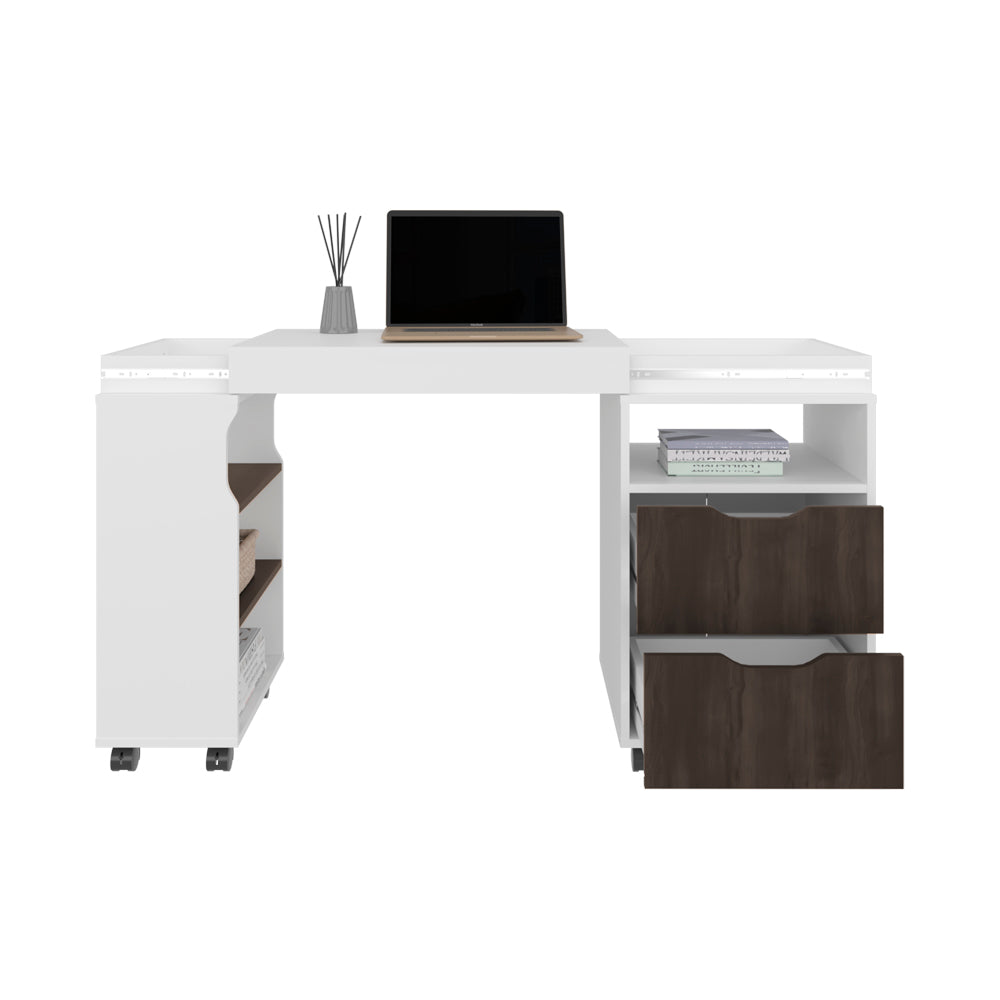 English Elm Keller Extendable Desk with Drawers & Casters, White/Dark Walnut - Space-Saving Convertible Workstation B092P286129