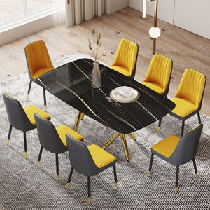 Hearth and Haven Large Modern Minimalist Rectangular Dining Table with 0.39 "Imitation Marble Black Desktop and Gold Metal Legs, Paired with 8 Chairs with Leatherette Cushions and Black Metal Legs.F-1538 C-007 W1151S00879 W1151S00879