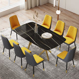 Large Dining Set: Black Marble-Look Table, 8 Leatherette Chairs, Gold Legs