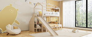 English Elm House-shaped Pine Bunk Bed with Built-in Slide Storage Staircase Twin Over Full Kids Frame Beige+White N820S00082A