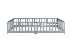 English Elm Queen Floor Bed with Safety Fence and Guardrails, Rubberwood Low Profile Platform for Kids Grey W504P286386
