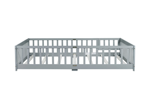 English Elm Queen Floor Bed with Safety Fence and Guardrails, Rubberwood Low Profile Platform for Kids Grey W504P286386