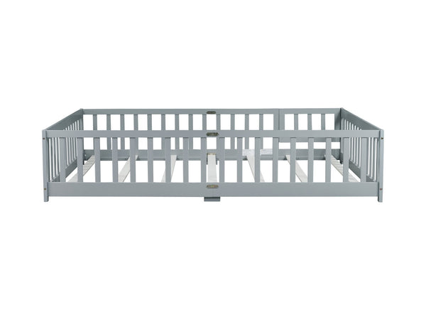 English Elm Queen Rubber Wood Floor Bed with Full Perimeter Safety Fence and Hinged Access Door Grey W504P429339