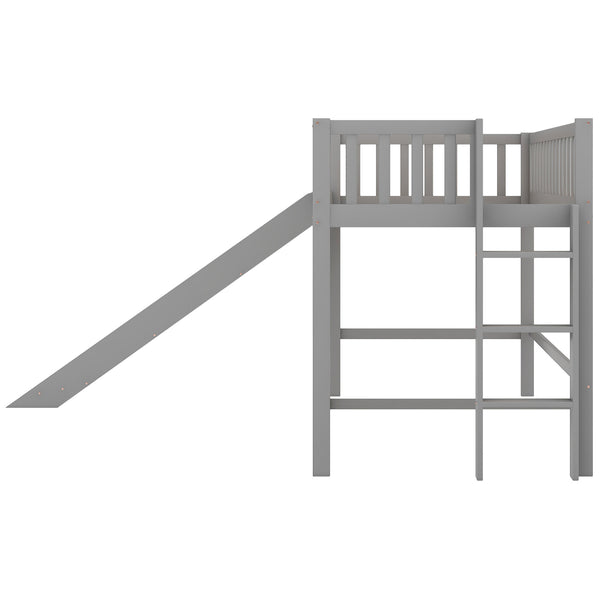 English Elm Twin Low Loft Bed with Slide and Ladder — Space-Saving Pine & MDF Frame, Quiet Durable Design Gray WF286078AAE