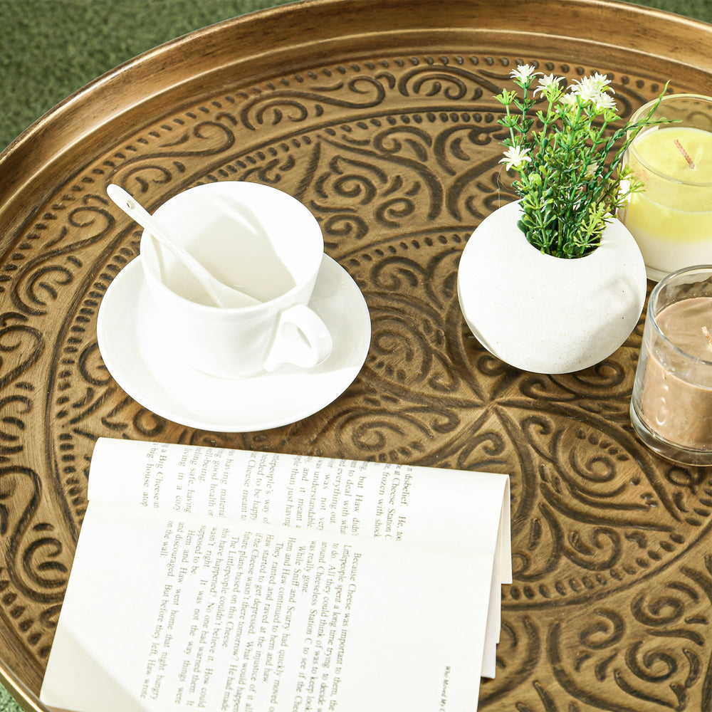 English Elm HOMCOM Vintage 24" Round Coffee Table with Hammered Floral Tray Top, Gold Metal Frame, Stable Chic W2225P200420