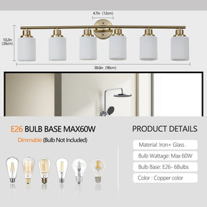 English Elm 39" Modern 6-Light Vanity Wall Sconce - Elegant Golden Finish & Frosted Glass For Stylish Lighting W2312P374815