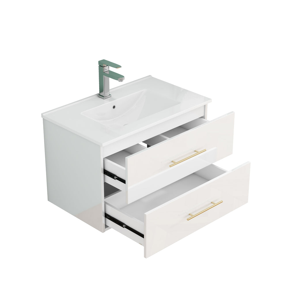 English Elm 30-Inch Sleek Wall-Mounted Bathroom Vanity With Integrated Sink, Double Drawers & Easy Installation W3151S00053