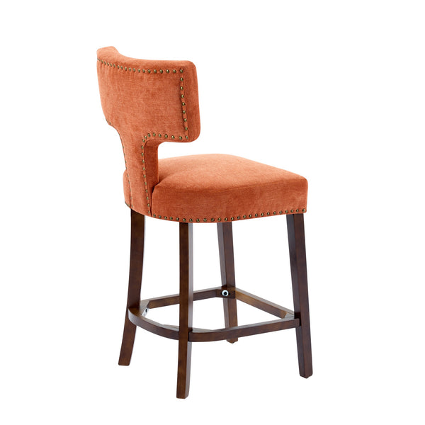 English Elm Mid Century Modern Counter Height Bar Stools Set of 2 with Curved Copper-Stud Back, Foam Spring Cushion, Walnut Legs and Adjustable Balance Studs Orange W1143P296349
