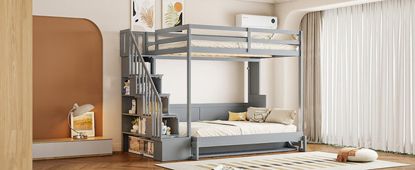 English Elm Full Over Murphy Bunk Bed with Hydraulic Lift Staircase Storage and Fold Away Desk LP000698AAE