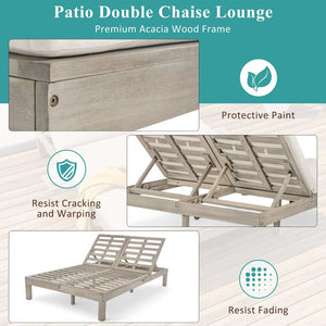 English Elm Trexm Acacia Wood Double Chaise Lounge Outdoor with Folding Trays and Foam Cushions TM000015AAE
