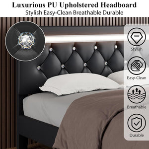 English Elm Queen Platform Bed Wingback Diamond Quilted Headboard Led Lighting Storage Drawers W5722P462498