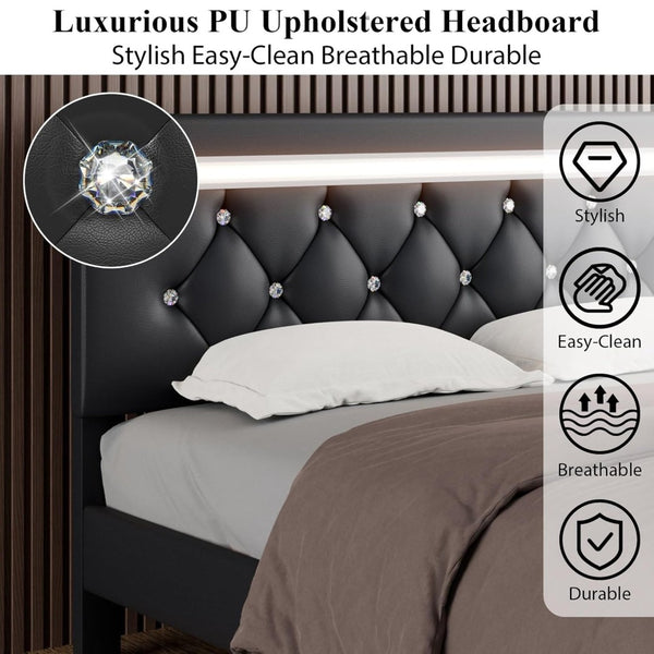 English Elm Queen Platform Bed Wingback Diamond Quilted Headboard Led Lighting Storage Drawers W5722P462498