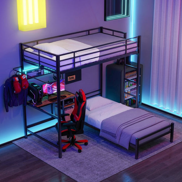 English Elm Metal Twin Over Bunk Bed with Full Guardrail Ladder and Convertible Iron Frame W3752S00006