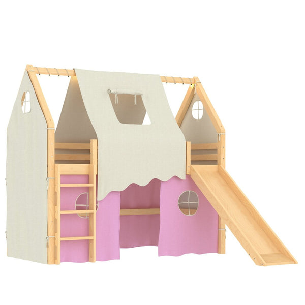 English Elm Twin Pine Loft Bed with House Frame Tent Led Lights Slide and Floor Space Below W1580S00289