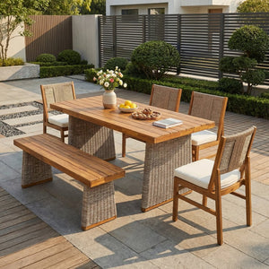 English Elm 6-piece Outdoor Acacia Wood Dining Set with Wicker Chairs Bench and Cushions N773OD00129B